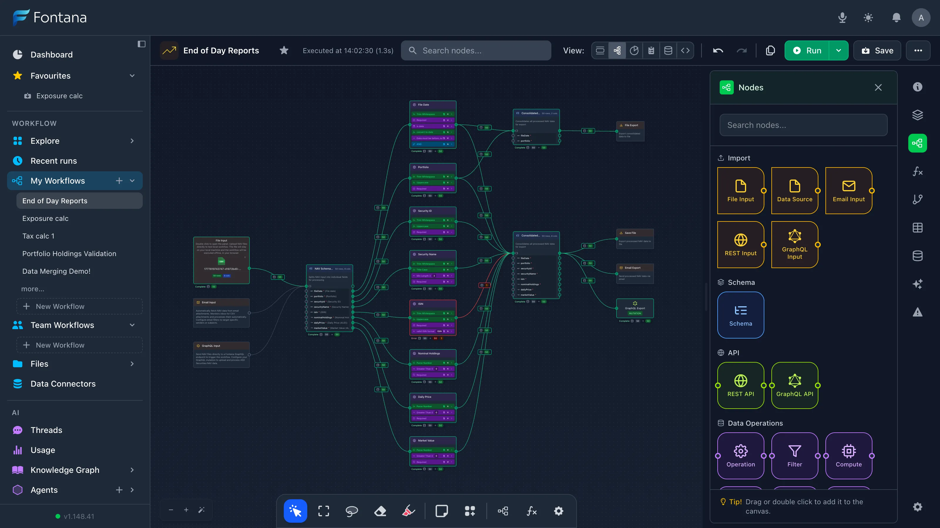 Fontana workflow canvas for no-code pipeline design